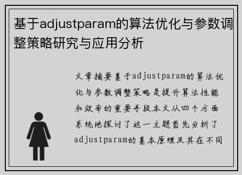 基于adjustparam的算法优化与参数调整策略研究与应用分析