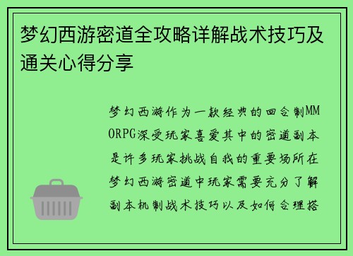 梦幻西游密道全攻略详解战术技巧及通关心得分享 梦幻西游密道全攻略详解战术技巧及通关心得分享